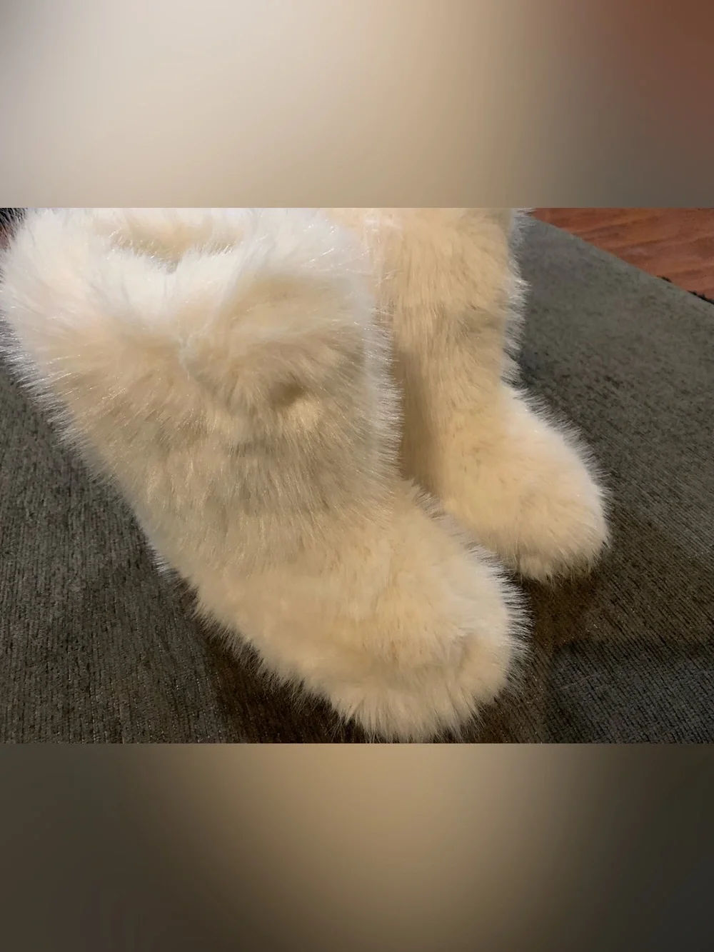 Women's Fluffy Furry Snow Boots Faux Fur Mid-Calf Flat ( off white)